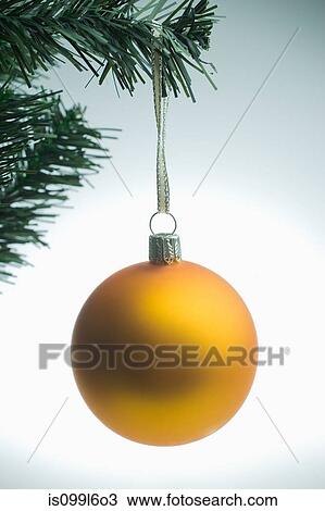 Yellow christmas bauble hanging on tree View Large Photo Image Stock Image - Yellow christmas bauble hanging on tree. Fotosearch