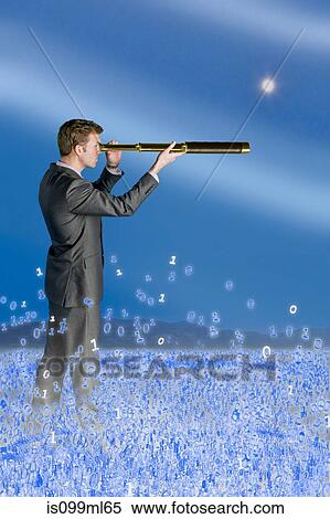 Businessman looking through telescope in binary field View Large Photo Image Stock Photography - Businessman looking through telescope in binary field. Fotosearch