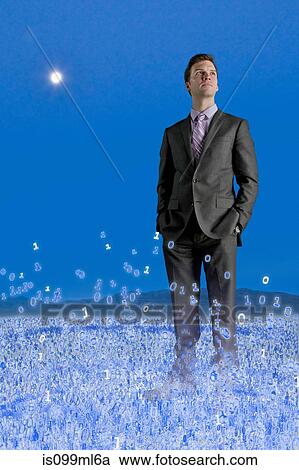Businessman standing in binary field View Large Photo Image Stock Image - Businessman standing in binary field. Fotosearch