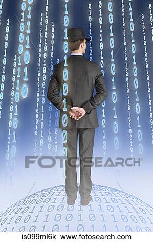 Stock Image - Businessman standing on binary globe with binary strings. Fotosearch