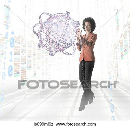 Businesswoman standing amidst digital objects View Large Photo Image Stock Photo - Businesswoman standing amidst digital objects. Fotosearch
