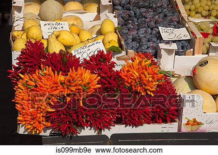 Stock Image - Chilli peppers for sale in rialto market, venice, italy. Fotosearch