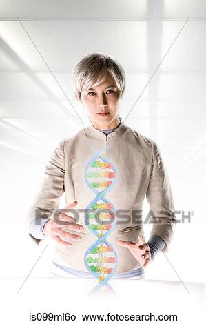 Picture - Female scientist with holographic genome. Fotosearch