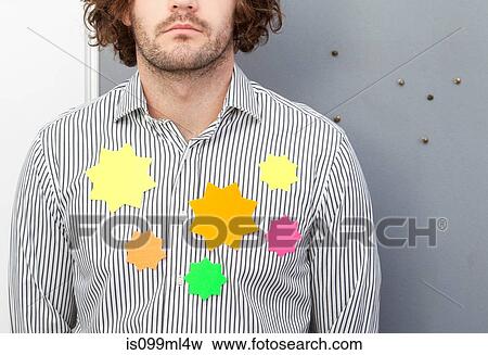 Office worker wearing adhesive notes on shirt View Large Photo Image Stock Photo - Office worker wearing adhesive notes on shirt. Fotosearch