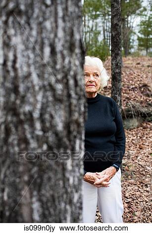 Portrait of senior woman in forest, hands clasped View Large Photo Image Stock Photo - Portrait of senior woman in forest, hands clasped. Fotosearch