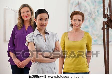 Portrait of three gallery owners in art gallery View Large Photo Image Stock Photograph - Portrait of three gallery owners in art gallery. Fotosearch