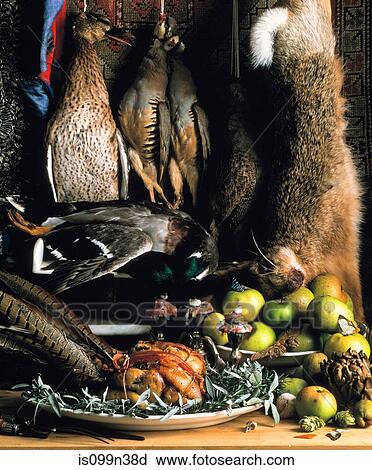 Stock Image - Rabbit, duck and pheasant still life. Fotosearch