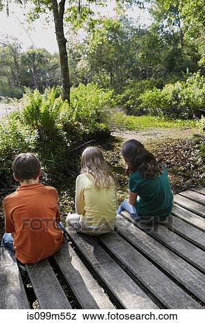 Three children sitting on boardwalk in forest View Large Photo Image Stock Photo - Three children sitting on boardwalk in forest. Fotosearch