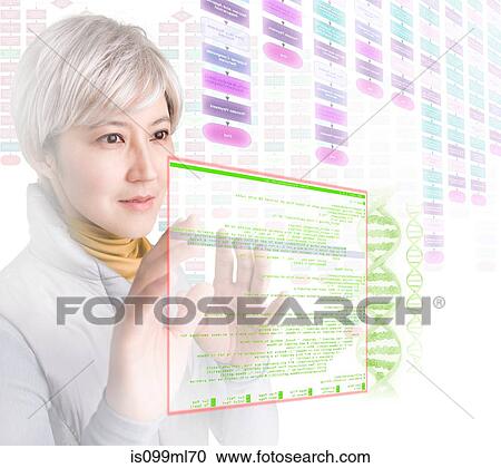 Woman interacting with holographic screens View Large Photo Image Stock Image - Woman interacting with holographic screens. Fotosearch