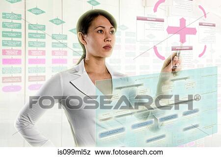 Woman interacting with holographic screens View Large Photo Image Stock Photo - Woman interacting with holographic screens. Fotosearch