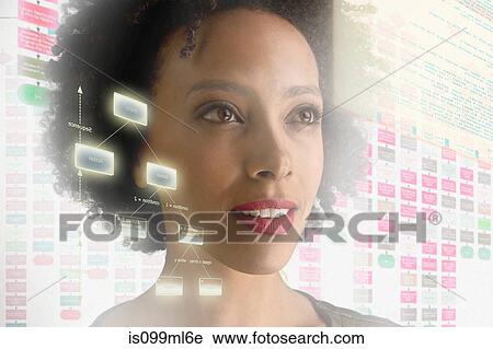 Stock Image - Woman surrounded by with holographic information. Fotosearch