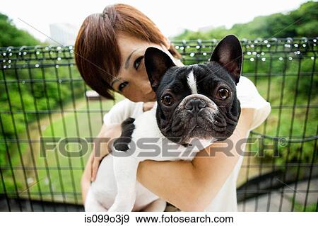 Woman with pet french bulldog View Large Photo Image Stock Photo - Woman with pet french bulldog. Fotosearch
