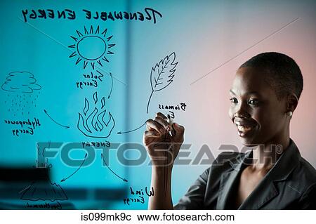 Stock Image - Young woman drawing diagram on window. Fotosearch