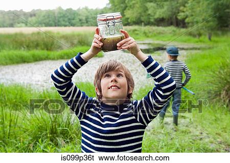 Boy looking at tadpoles in jar View Large Photo Image Stock Photograph - Boy looking at tadpoles in jar. Fotosearch