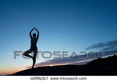 Young woman in tree pose in desert, silhouette View Large Photo Image Stock Image - Young woman in tree pose in desert, silhouette. Fotosearch