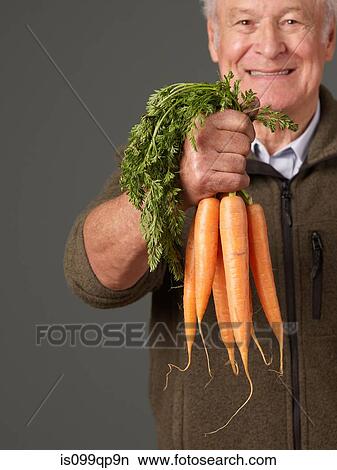 Picture - Man holding bunch of carrots. Fotosearch
