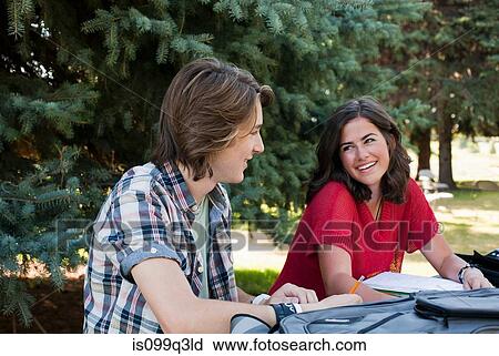 Stock Image - Teenage couple studying on picnic table in park. Fotosearch
