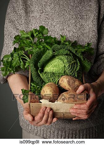 Woman holding wooden crate of vegetables View Large Photo Image Stock Image - Woman holding wooden crate of vegetables. Fotosearch
