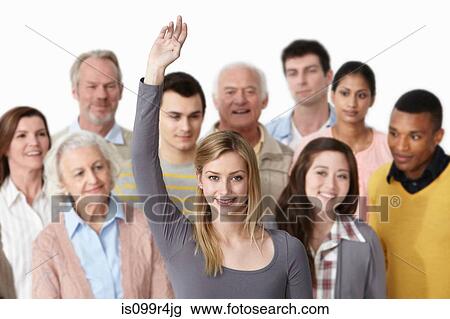 Group of people, woman with arm raised View Large Photo Image Stock Image - Group of people, woman with arm raised. Fotosearch