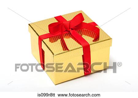 Stock Photograph - Golden gift box with red ribbon. Fotosearch
