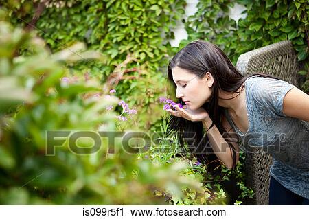 Jeune Femme Sentir Fleur Dans Jardin Banque Dimage