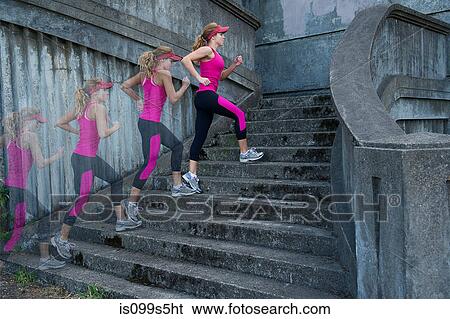 Young woman running up stairs, multiple image View Large Photo Image Stock Photograph - Young woman running up stairs, multiple image. Fotosearch
