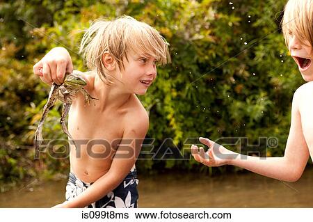 Boy holding frog up whilst friend looks on in amazement View Large Photo Image Stock Photograph - Boy holding frog up whilst friend looks on in amazement. Fotosearch