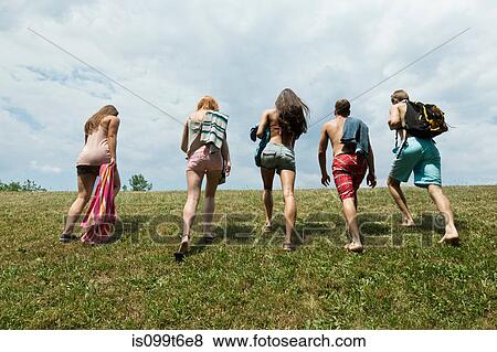 Stock Photo - Five friends walking in field, rear view. Fotosearch