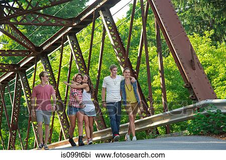 Group of friends walking on bridge View Large Photo Image Stock Image - Group of friends walking on bridge. Fotosearch