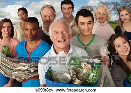 Group of people with recycling in bins View Large Photo Image Stock Photo - Group of people with recycling in bins. Fotosearch