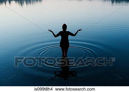 Picture - Woman meditating in peaceful lake. Fotosearch