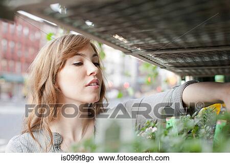 Picture - Young woman choosing plants from stall. Fotosearch