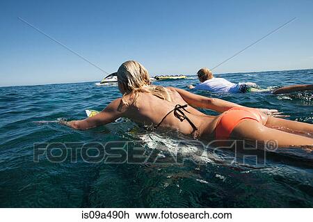 Stock Image - Surfers paddling out to sea. Fotosearch