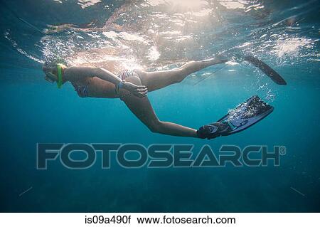 Stock Image - Woman snorkeling in tropical water. Fotosearch
