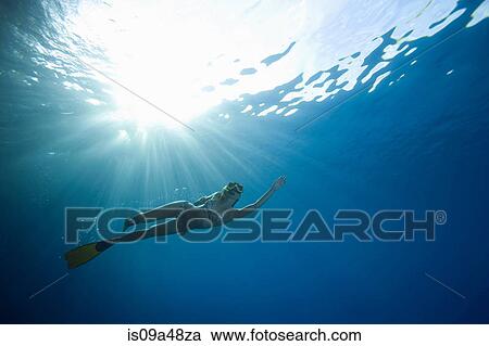 Woman snorkeling underwater View Large Photo Image Stock Image - Woman snorkeling underwater. Fotosearch
