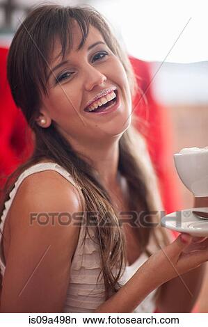 Woman with milk mustache in cafe View Large Photo Image Picture - Woman with milk mustache in cafe. Fotosearch
