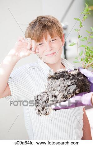 Stock Photograph - Boy potting plants outdoors. Fotosearch