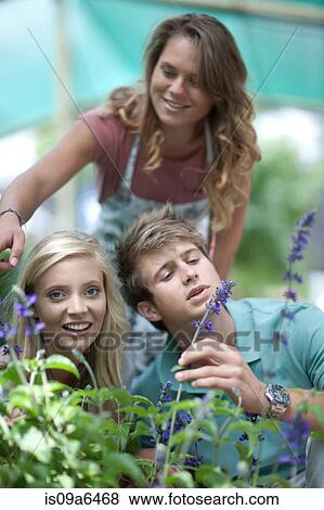 Stock Photo - Couple shopping for plants in nursery. Fotosearch