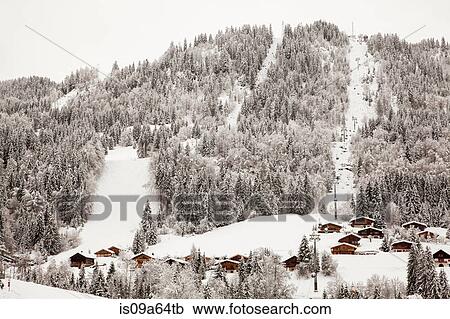 Houses and chairlift on snowy mountain View Large Photo Image Stock Image - Houses and chairlift on snowy mountain. Fotosearch
