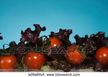 Picture - Lettuce and tomatoes splashing in water. Fotosearch