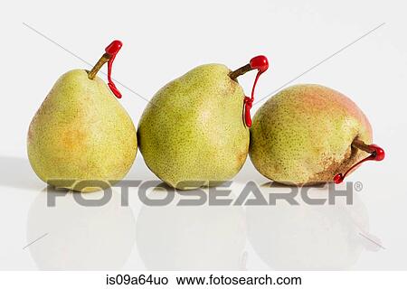 Picture - Pears with red tags on stems. Fotosearch