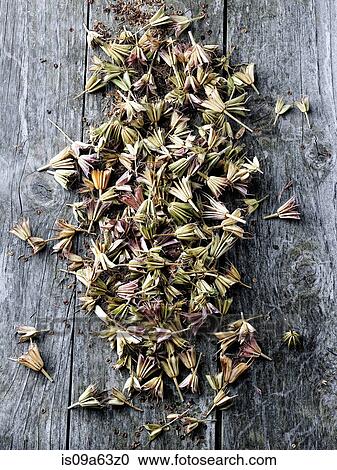 Stock Image - Pile of dried plants on wooden table. Fotosearch