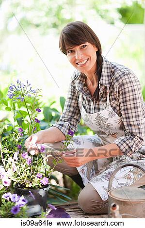 Stock Image - Woman examining plants in garden. Fotosearch