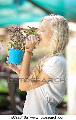 Stock Image - Woman smelling plant in nursery. Fotosearch