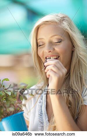 Woman smelling plant in nursery View Large Photo Image Stock Image - Woman smelling plant in nursery. Fotosearch