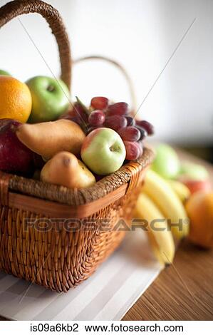 Basket of fruit on table View Large Photo Image Stock Image - Basket of fruit on table. Fotosearch