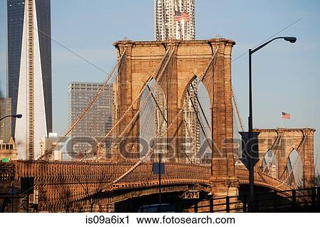 Stock Image - Brooklyn Bridge and city skyline. Fotosearch