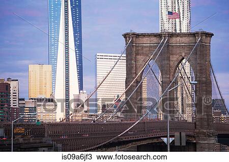Stock Image - Brooklyn Bridge and city skyline. Fotosearch