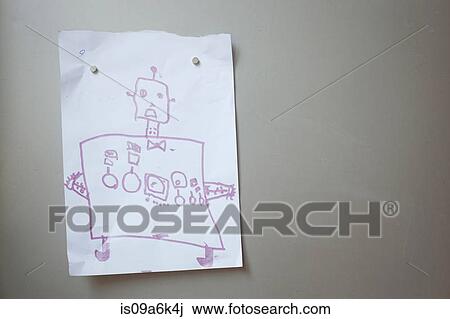 Stock Image - Child's artwork on refrigerator door. Fotosearch