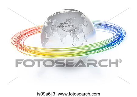 Stock Image - Colorful rings around silver globe. Fotosearch